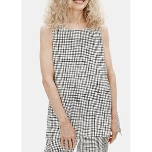 Eileen Fisher Textured Crepe Grid Long Shell Top White Black Tank Medium